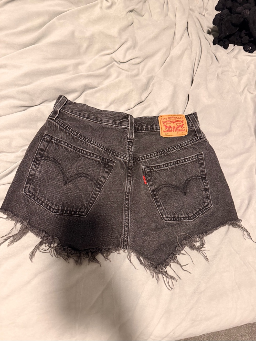 Levi's Black Washed High-Rise Frayed Denim Shorts - Picture 2 of 4